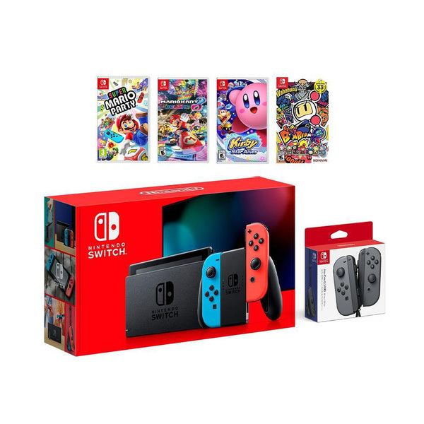 2019 New Nintendo Switch Red/Blue Joy-Con Console Multiplayer Party Game Bundle + Extra Pair of Gray Joy-Con, Super Mario Party, Mario Kart 8 Deluxe, Kirby Star Allies, Super Bomberman R - sunrise shopping mall