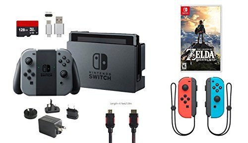 Nintendo Switch Bundle (7 Items): 32GB Console Gray Joy-Con, 128GB Micro SD, Joy-Con (L/R)-Neon Red/Neon Blue, The Legend of Zelda: Breath of The Wild - sunrise shopping mall