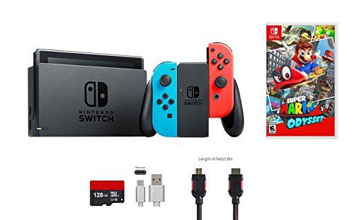 Nintendo Switch with Joy-Con - 32 GB - Neon Blue/Neon Red - includes Super Mario Odyssey, 128GB Micro SD Card, Joy-Con (L/R)-Neon Red/Neon Blue,, and USB Type C Cable - sunrise shopping mall