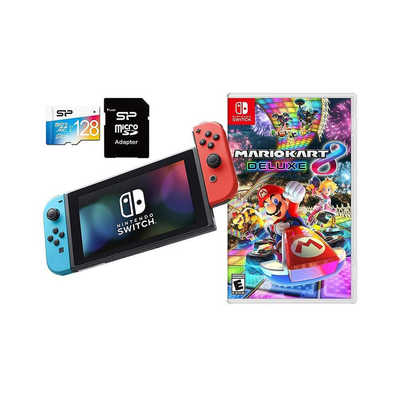 Nintendo Switch Mario Kart 8 Deluxe + 128GB SD Card Bundle: Console with Joy-Con Neon Blue and Neon Red - sunrise shopping mall