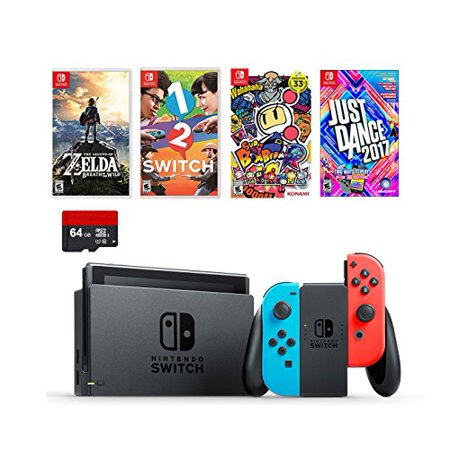 Nintendo Swtich 6 items Bundle:Nintendo Switch 32GB Console Neon Red and Blue Joy-con,64GB Sd Card,4 Game Disc1-2-Switch Just Dance2018 The Legend of Zelda Super Bomberman R - sunrise shopping mall